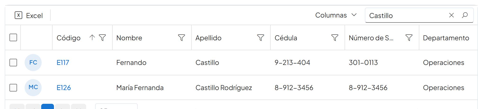 Lista de empleados filtrada por Castillo con la fila E126 María Fernanda Castillo Rodríguez