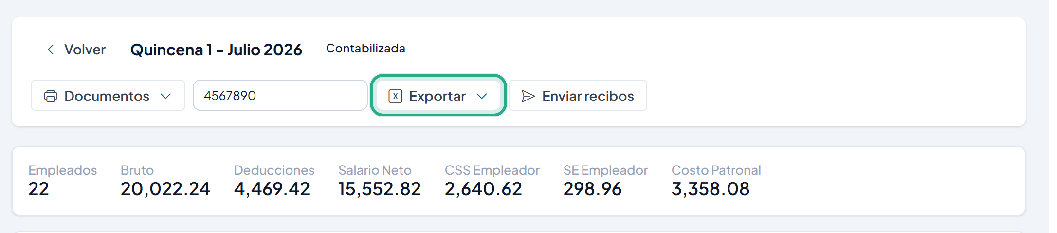 Botón Exportar resaltado en el encabezado de la planilla