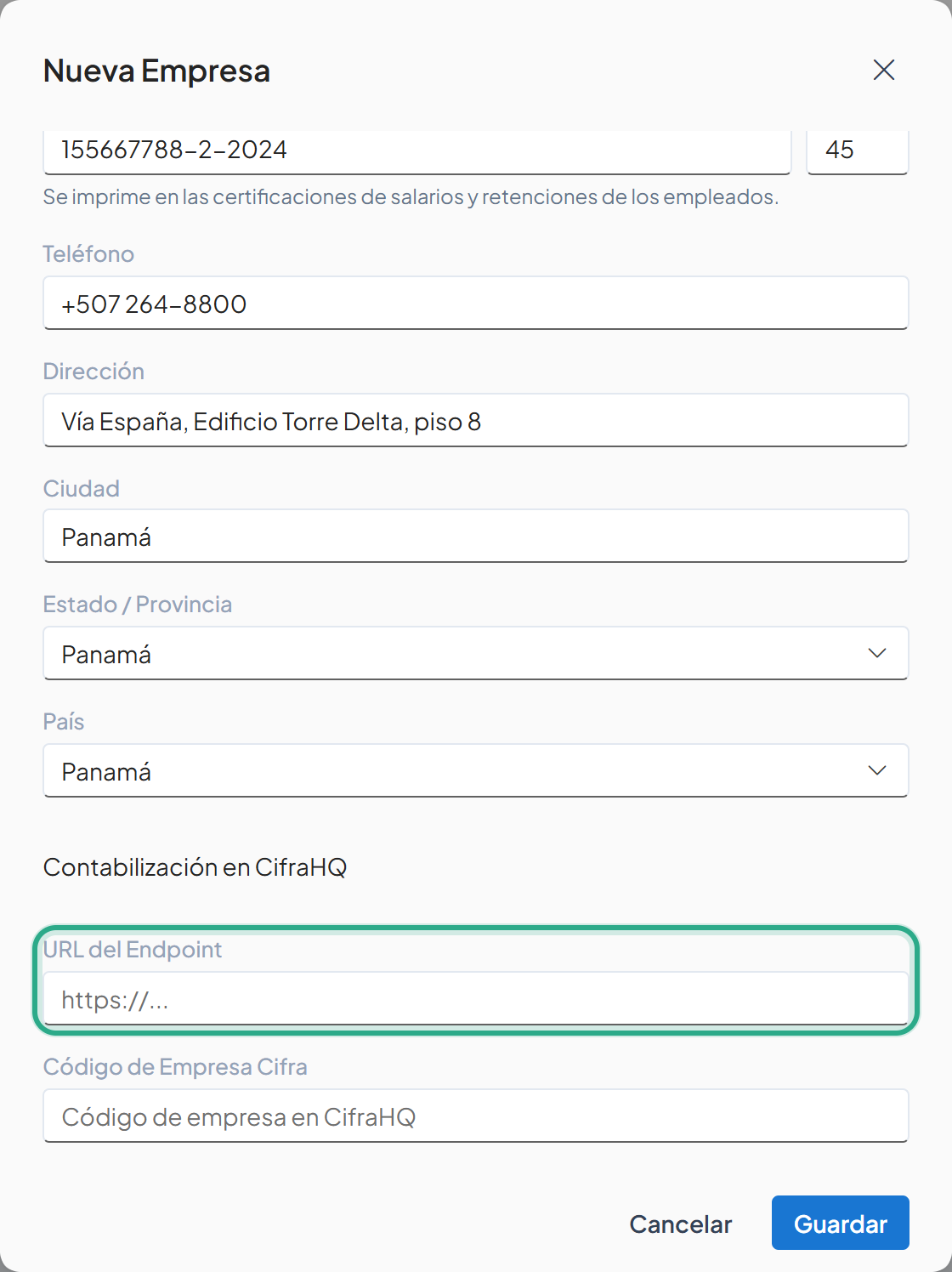 Sección Contabilización en CifraHQ con el campo URL del Endpoint resaltado