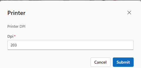 The Printer DPI dialog with 203 entered