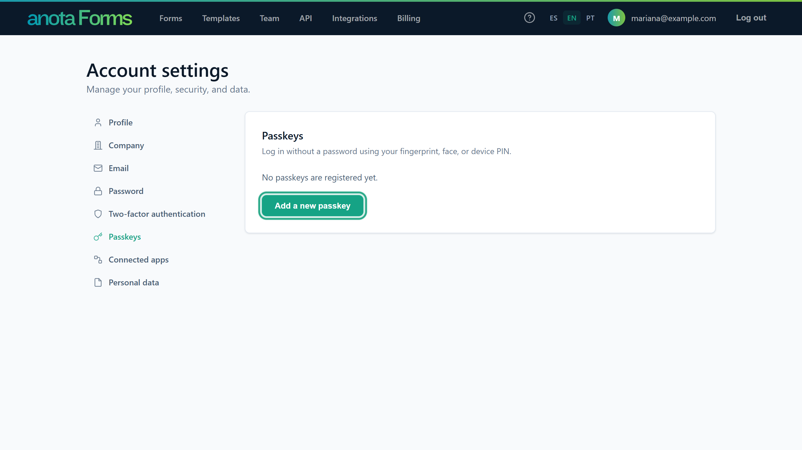 The Passkeys section, Log in without a password using your fingerprint, face, or device PIN., No passkeys are registered yet., with the Add a new passkey button outlined