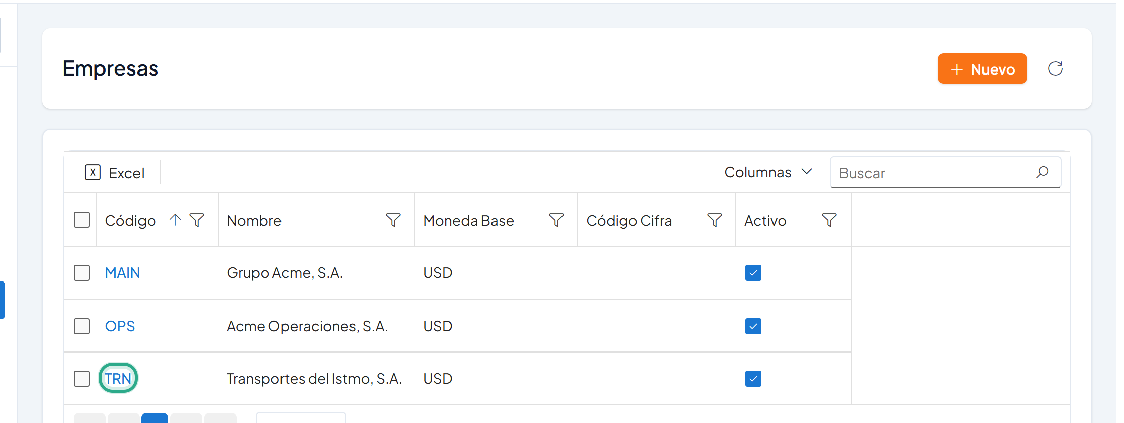 Lista de empresas con el código TRN resaltado