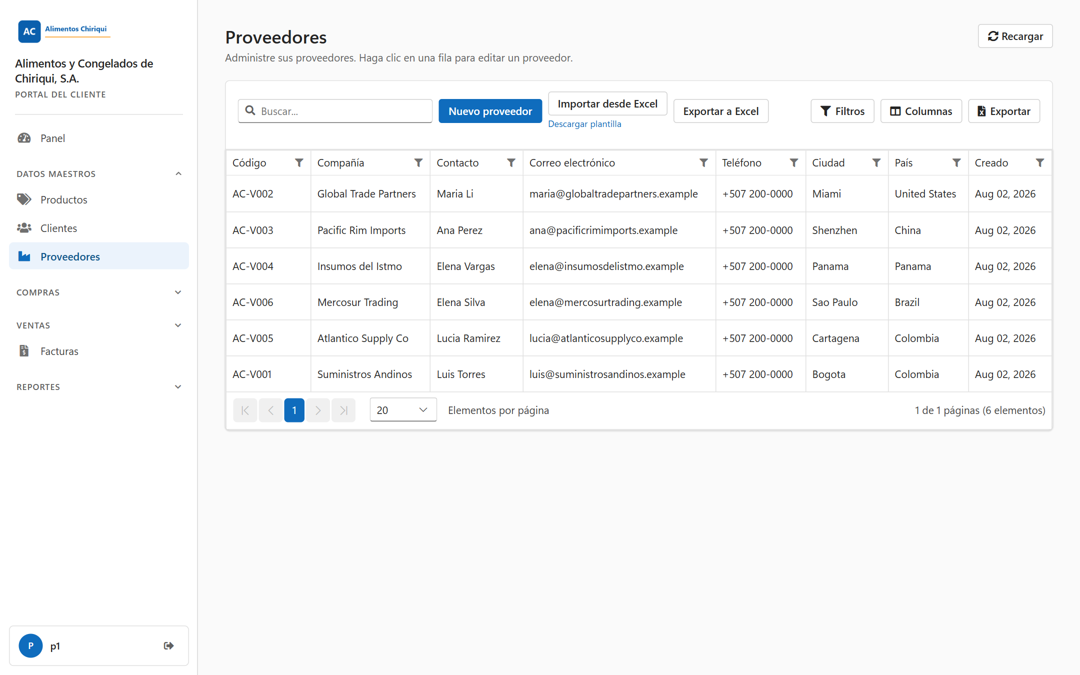 La lista de Proveedores con los botones Nuevo proveedor e Importar desde Excel y la cuadrícula de proveedores