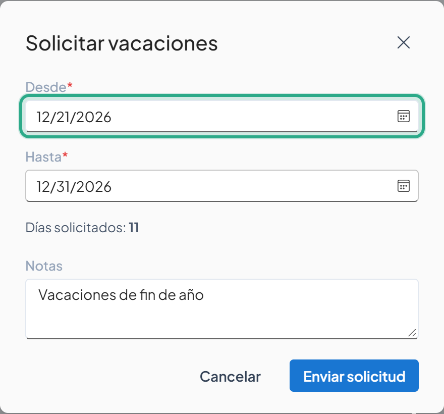 Cuadro Solicitar vacaciones con Desde 12/21/2026, Hasta 12/31/2026, Días solicitados 11 y la nota Vacaciones de fin de año