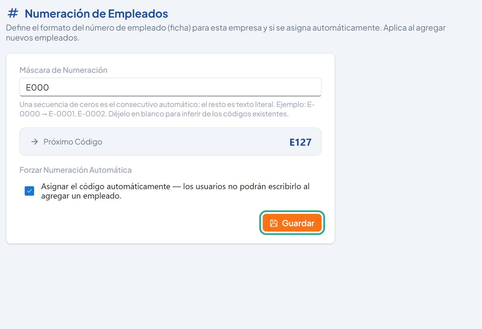 Botón Guardar resaltado en la tarjeta de numeración