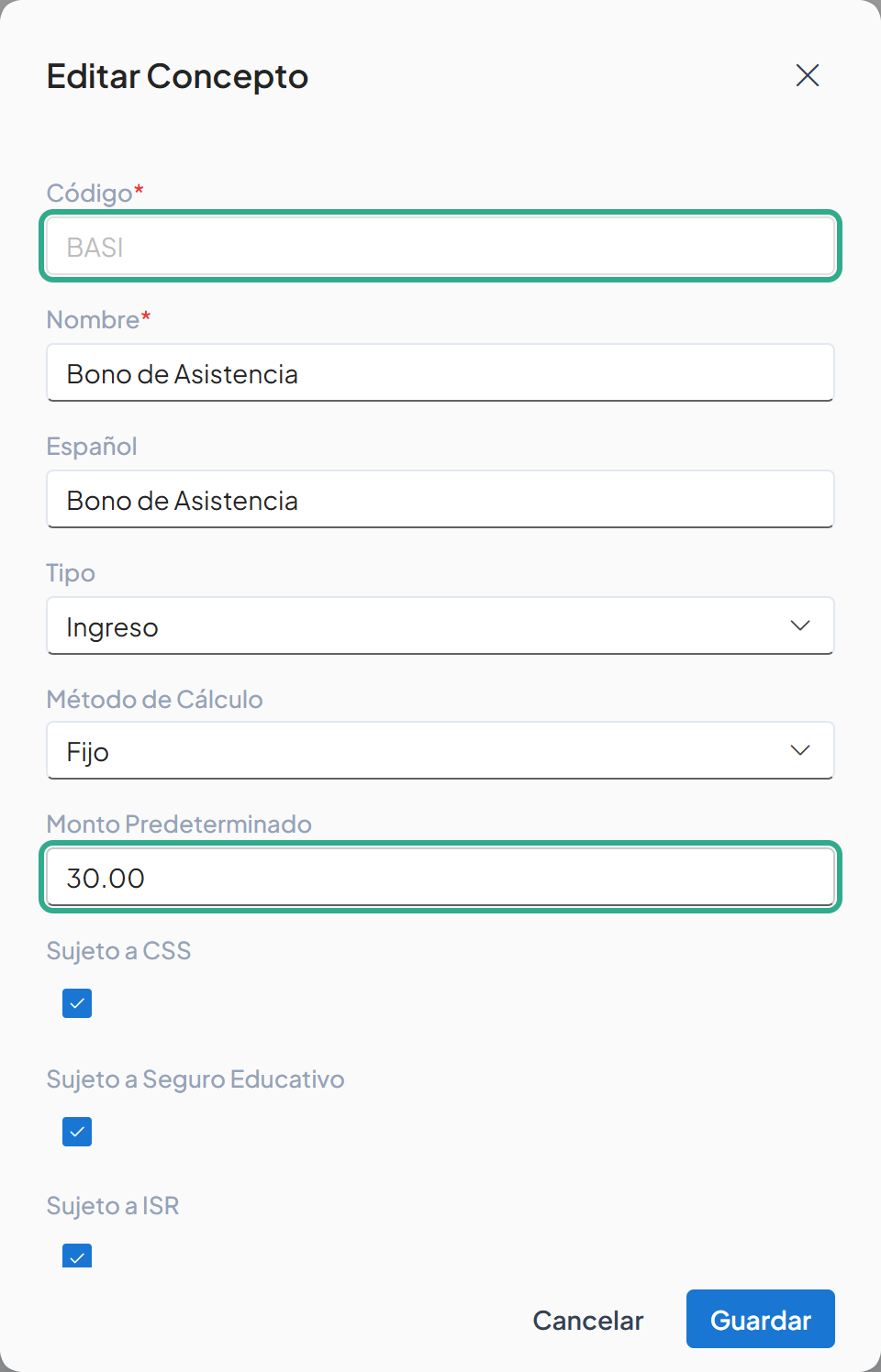 Cuadro Editar Concepto con el Código BASI bloqueado y el Monto Predeterminado 30.00 resaltados
