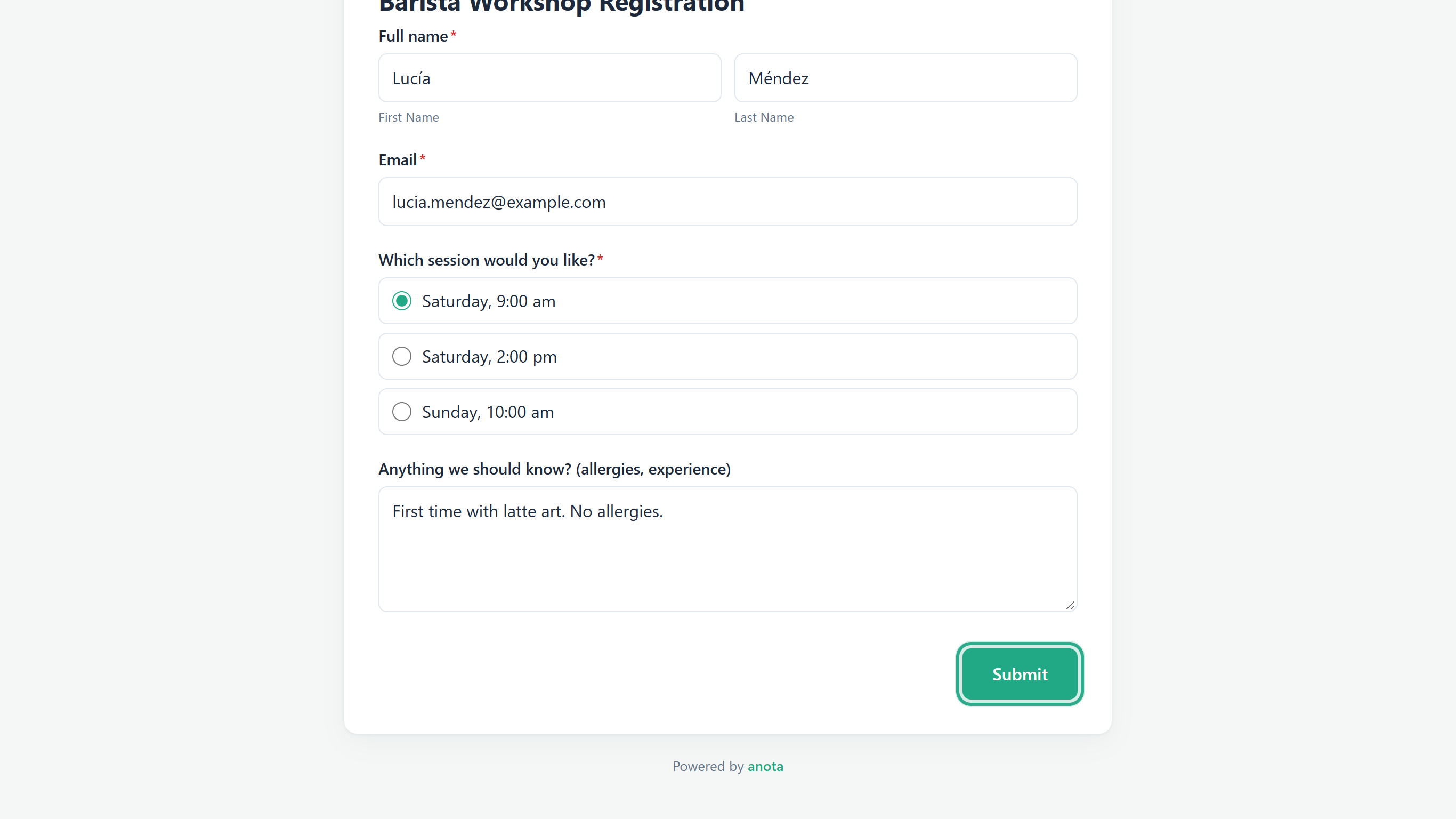 The published Barista Workshop Registration form filled in by Lucía Méndez, with the Submit button outlined