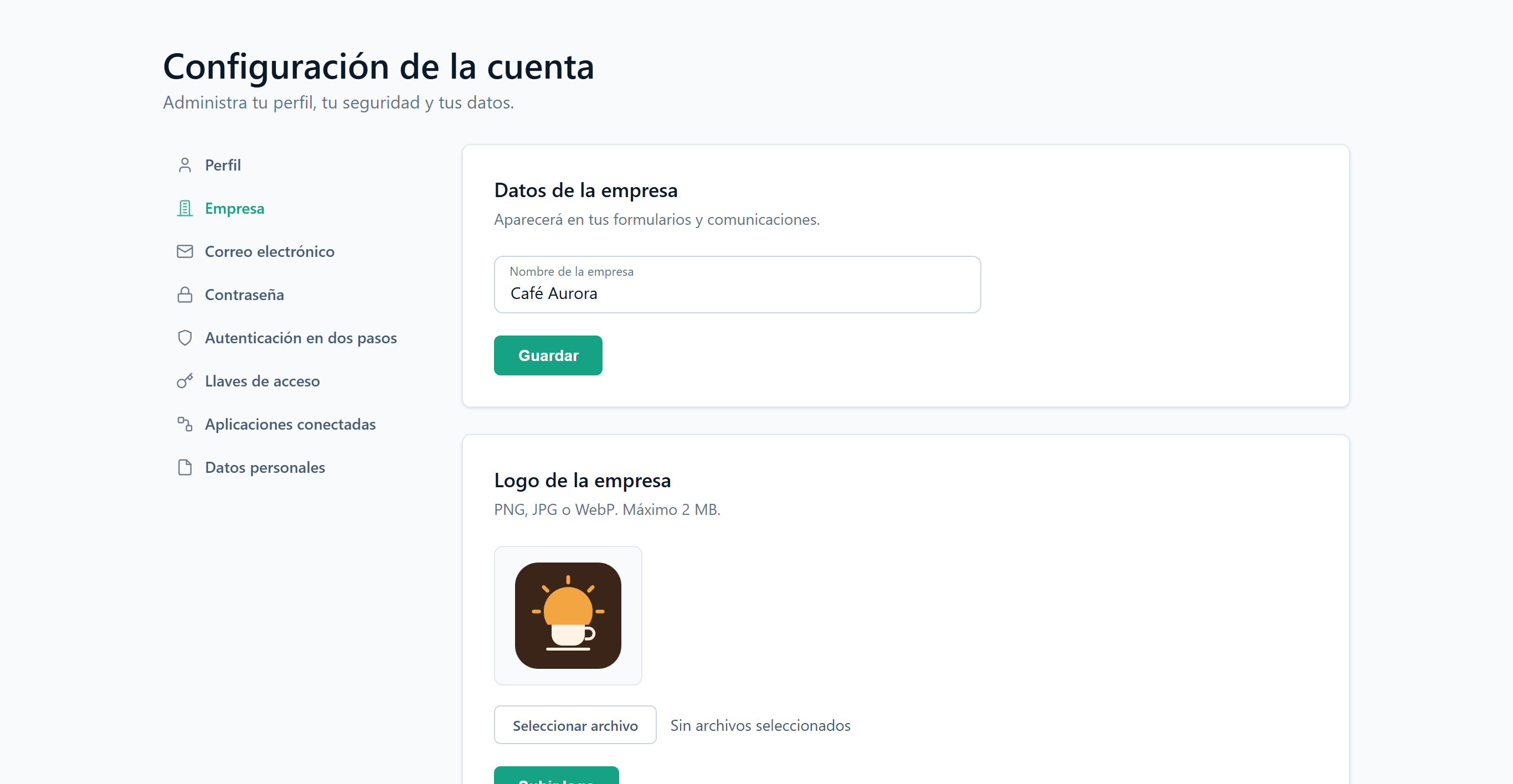 Página Empresa con el nombre Café Aurora guardado y la vista previa del logo subido