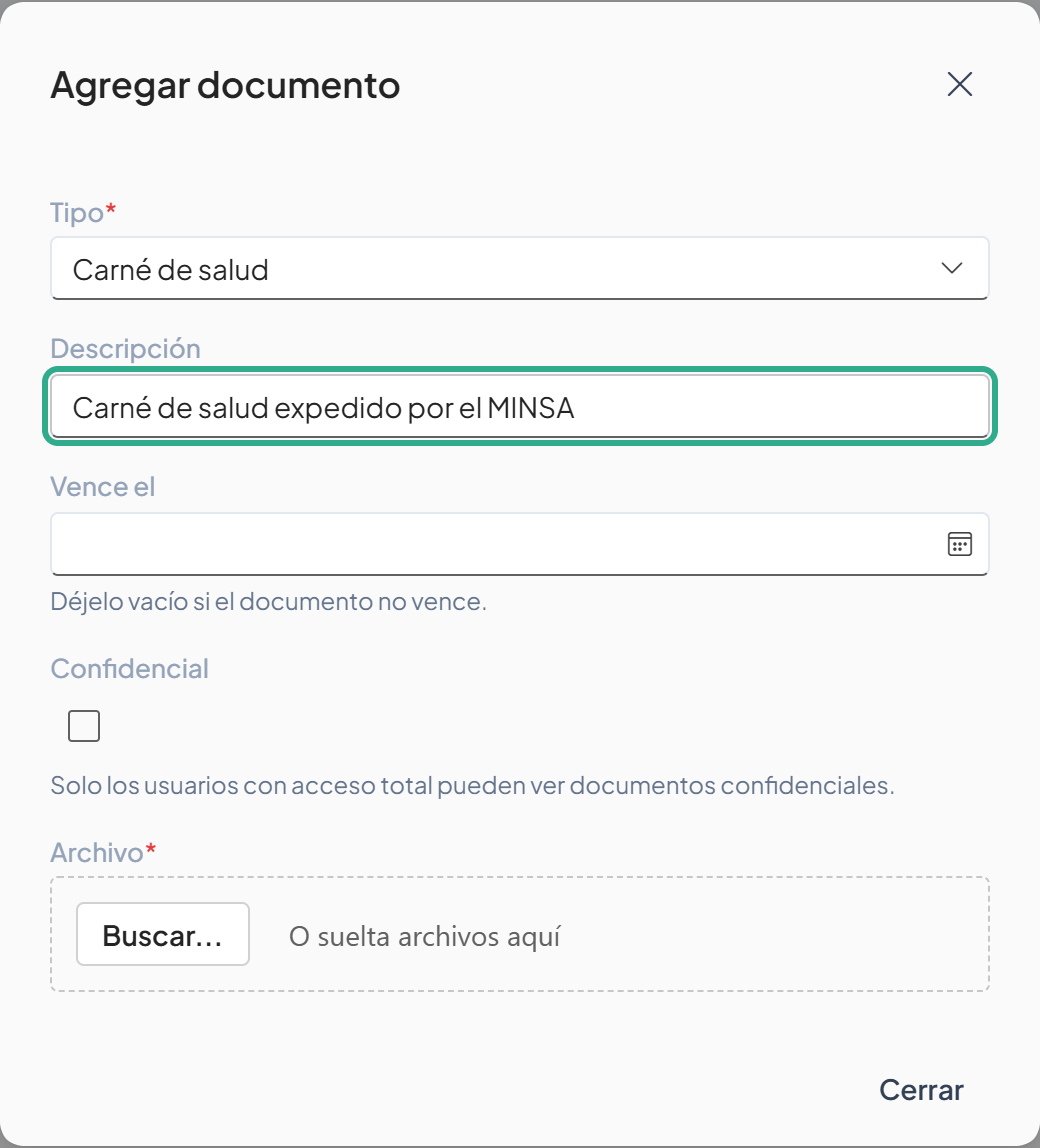 Campo Descripción resaltado con el texto Carné de salud expedido por el MINSA