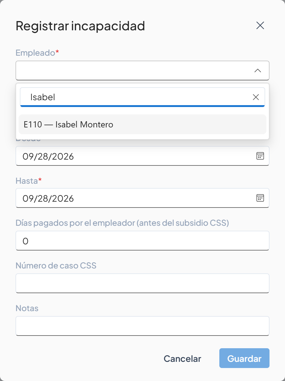 Lista Empleado abierta con el filtro Isabel y la opción E110 — Isabel Montero