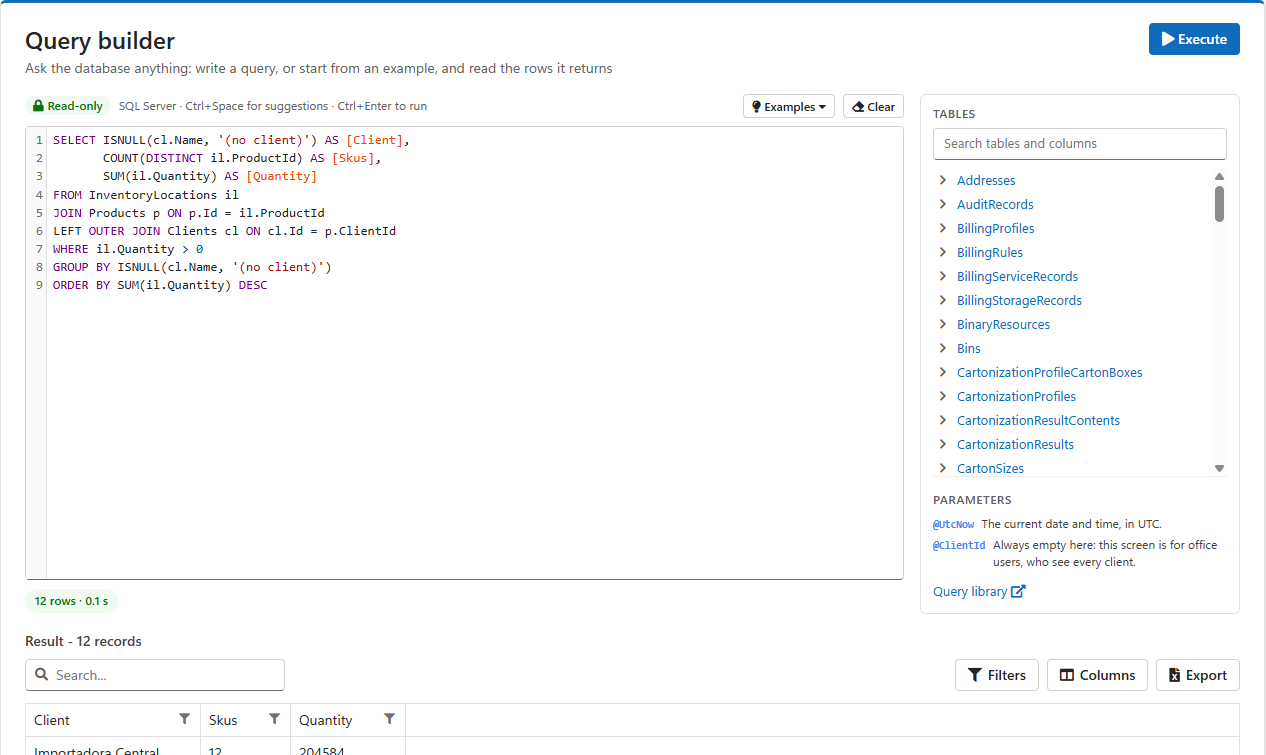 The Query builder with the Stock on hand by client example in the editor: the Read-only badge and Examples and Clear buttons above it, the Tables list and parameters on the right, and the result below