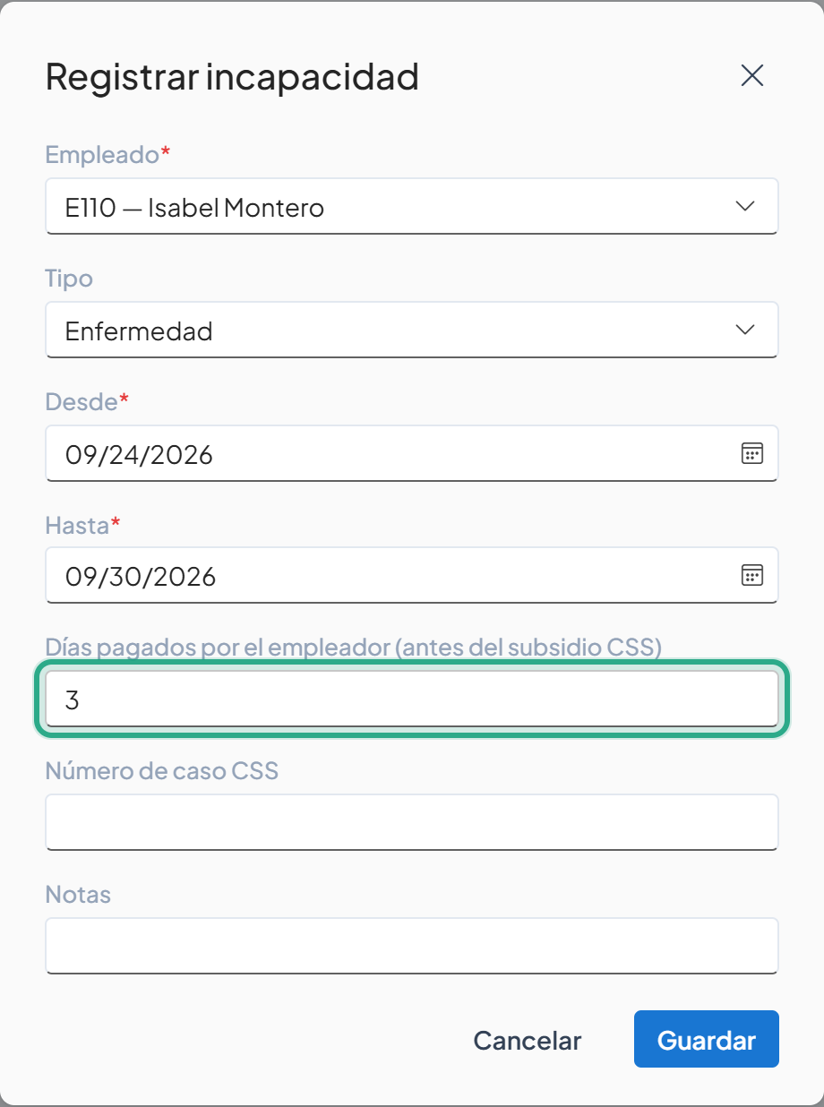 Campo Días pagados por el empleador resaltado con el valor 3