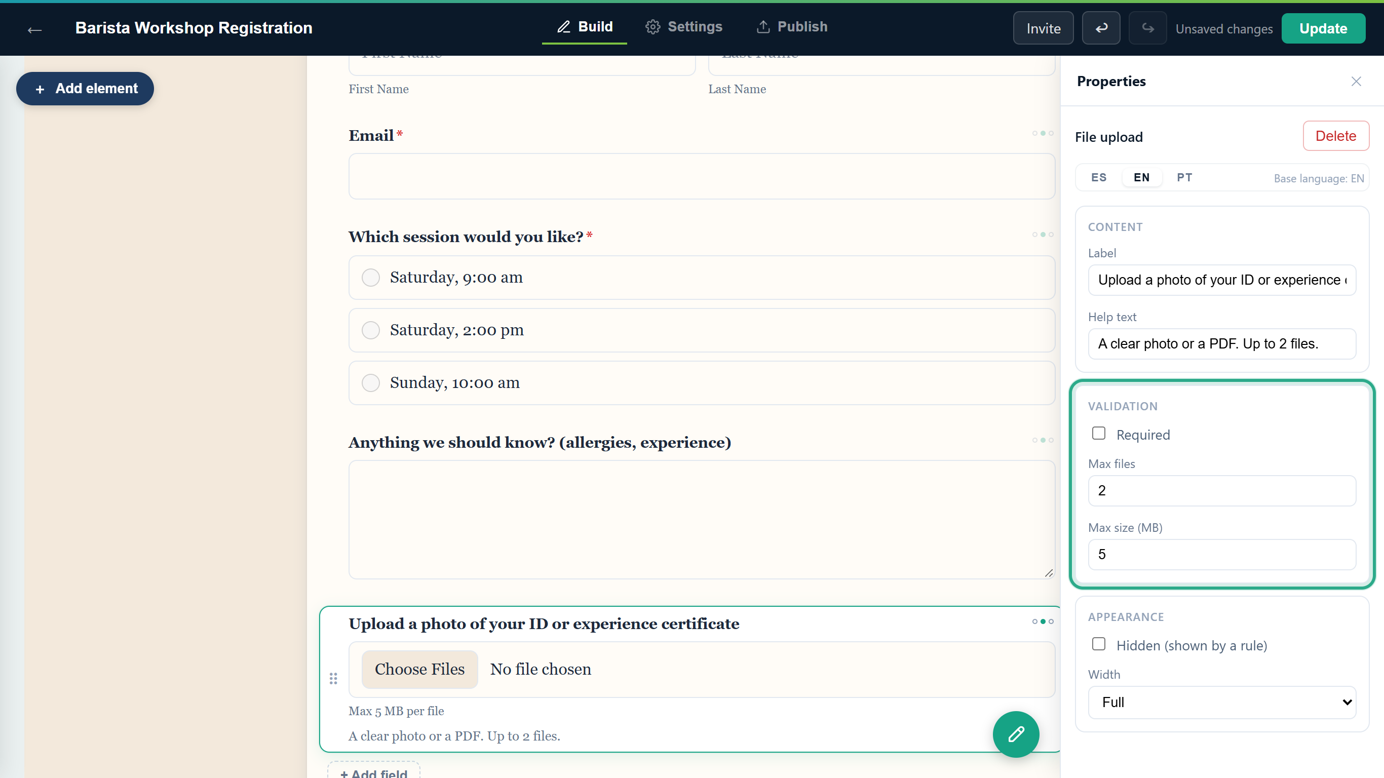 The Validation group outlined, with Required unticked, Max files 2 and Max size (MB) 5