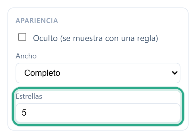 La sección Apariencia de un campo de Calificación con Estrellas en 5 resaltado
