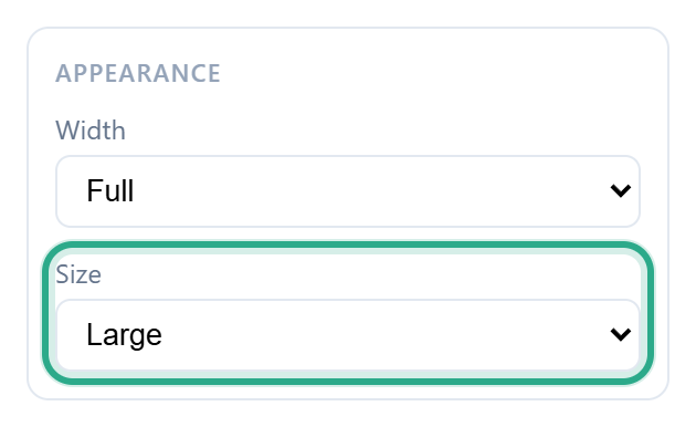 The Appearance section of a heading's properties, with the Size list set to Large outlined