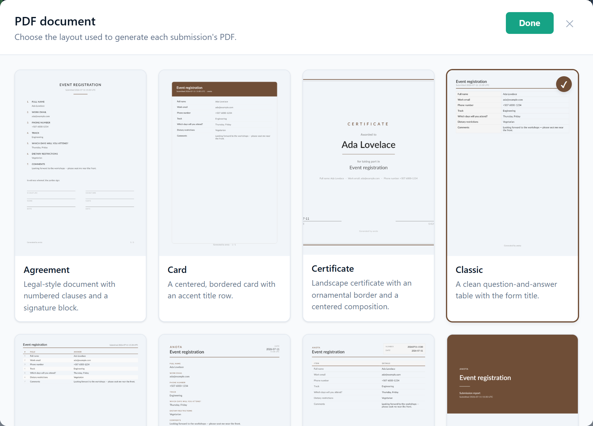 The PDF document window with the Agreement, Card, Certificate and Classic cards, Classic checked, and the next row of templates below