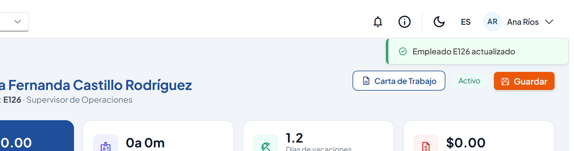 Aviso Empleado E126 actualizado sobre el encabezado de la ficha