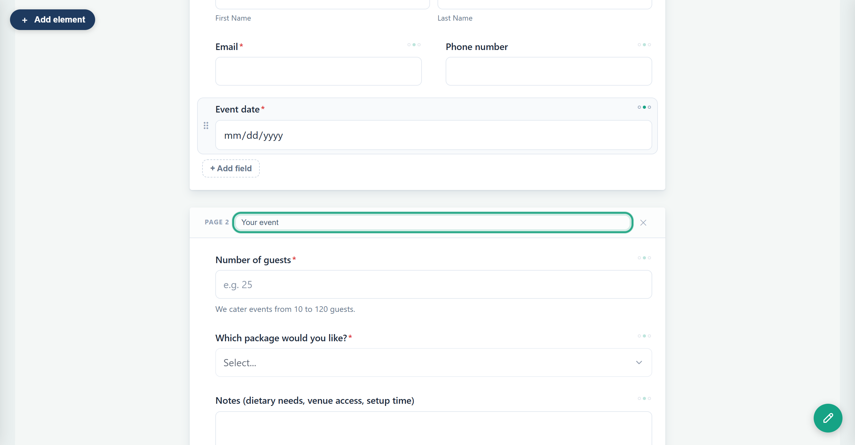 The Page 2 header with the title Your event outlined