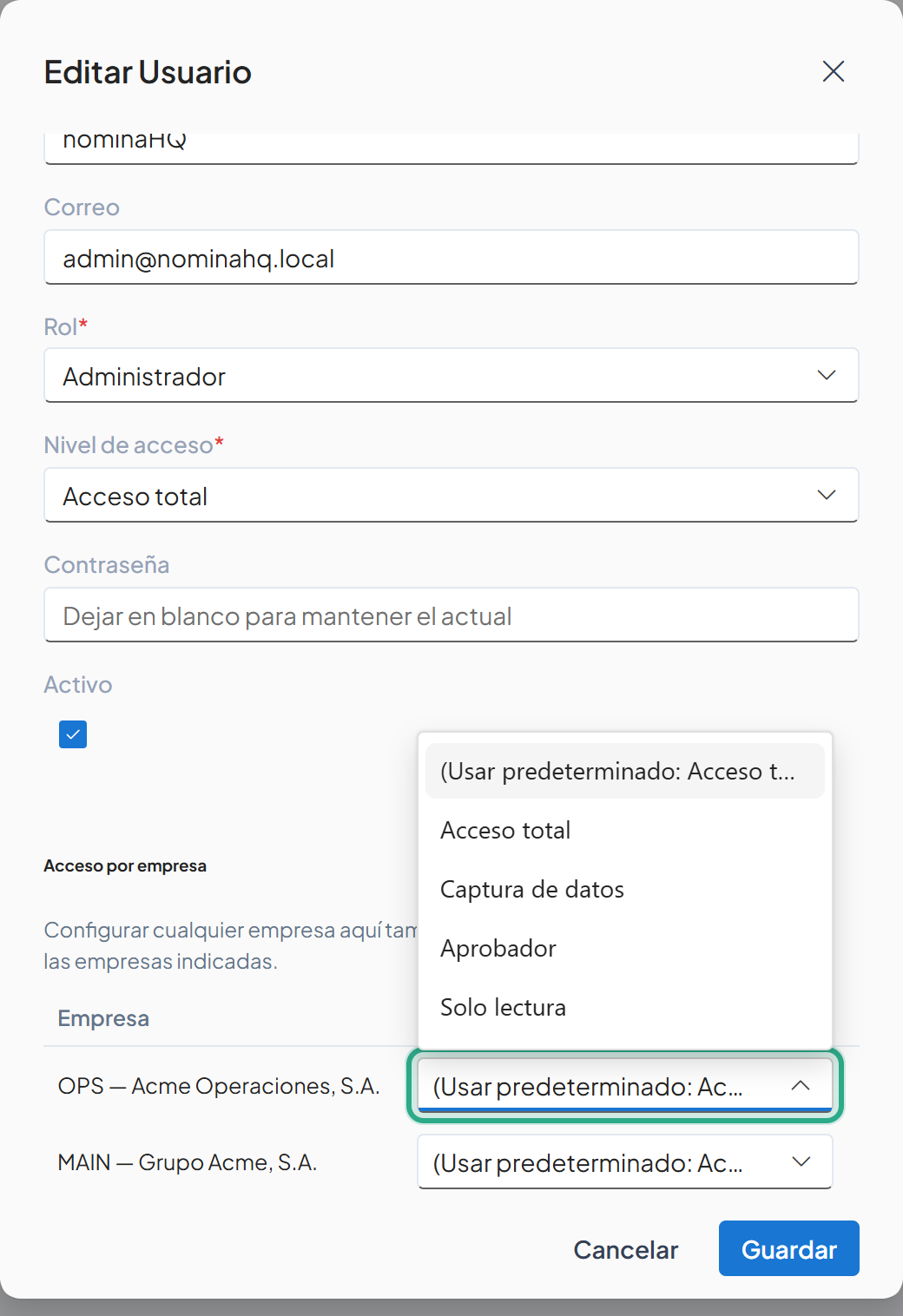 Lista de nivel de acceso abierta en la fila OPS — Acme Operaciones, S.A. con las opciones Usar predeterminado, Acceso total, Captura de datos, Aprobador y Solo lectura