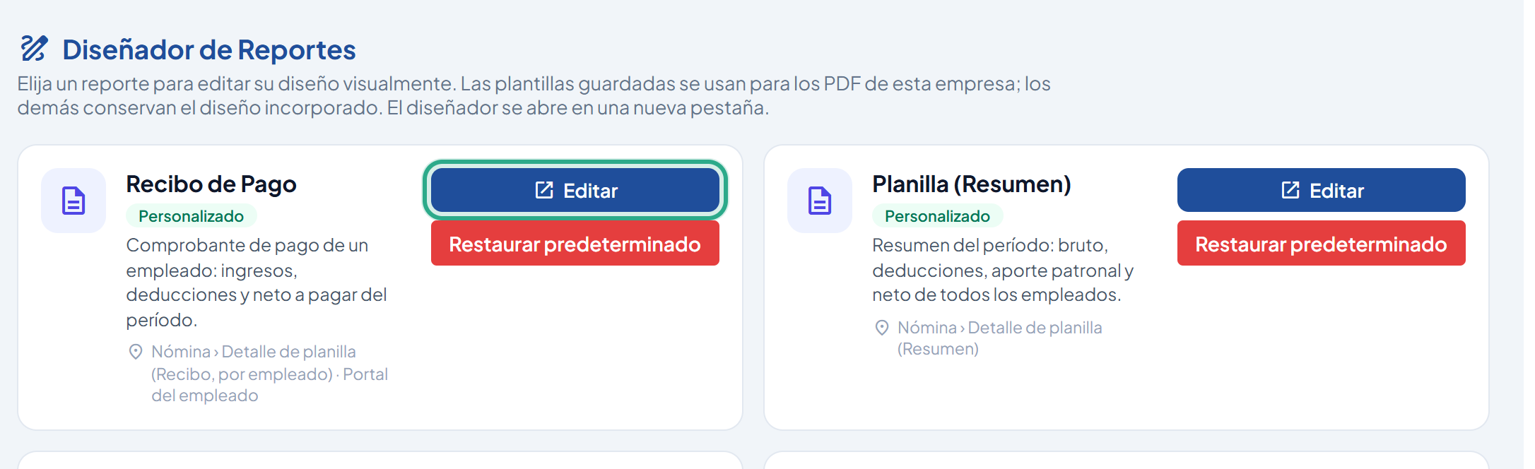Tarjeta Recibo de Pago con el botón Editar resaltado