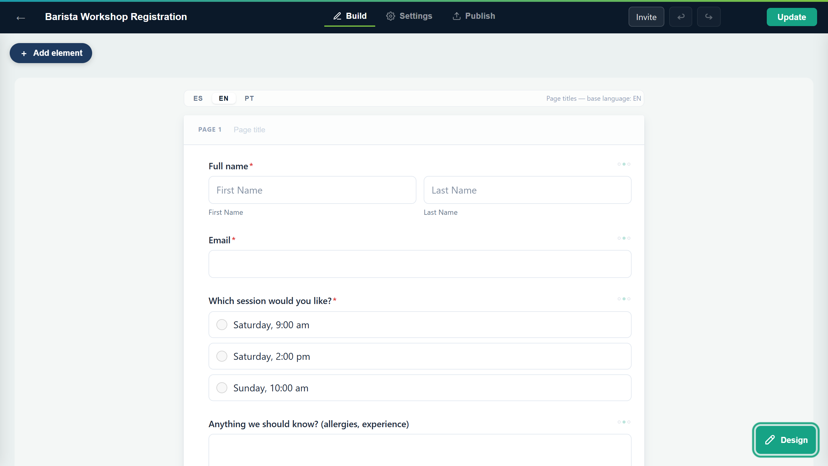 The form builder on the Build tab with the Design pencil button outlined at the bottom right