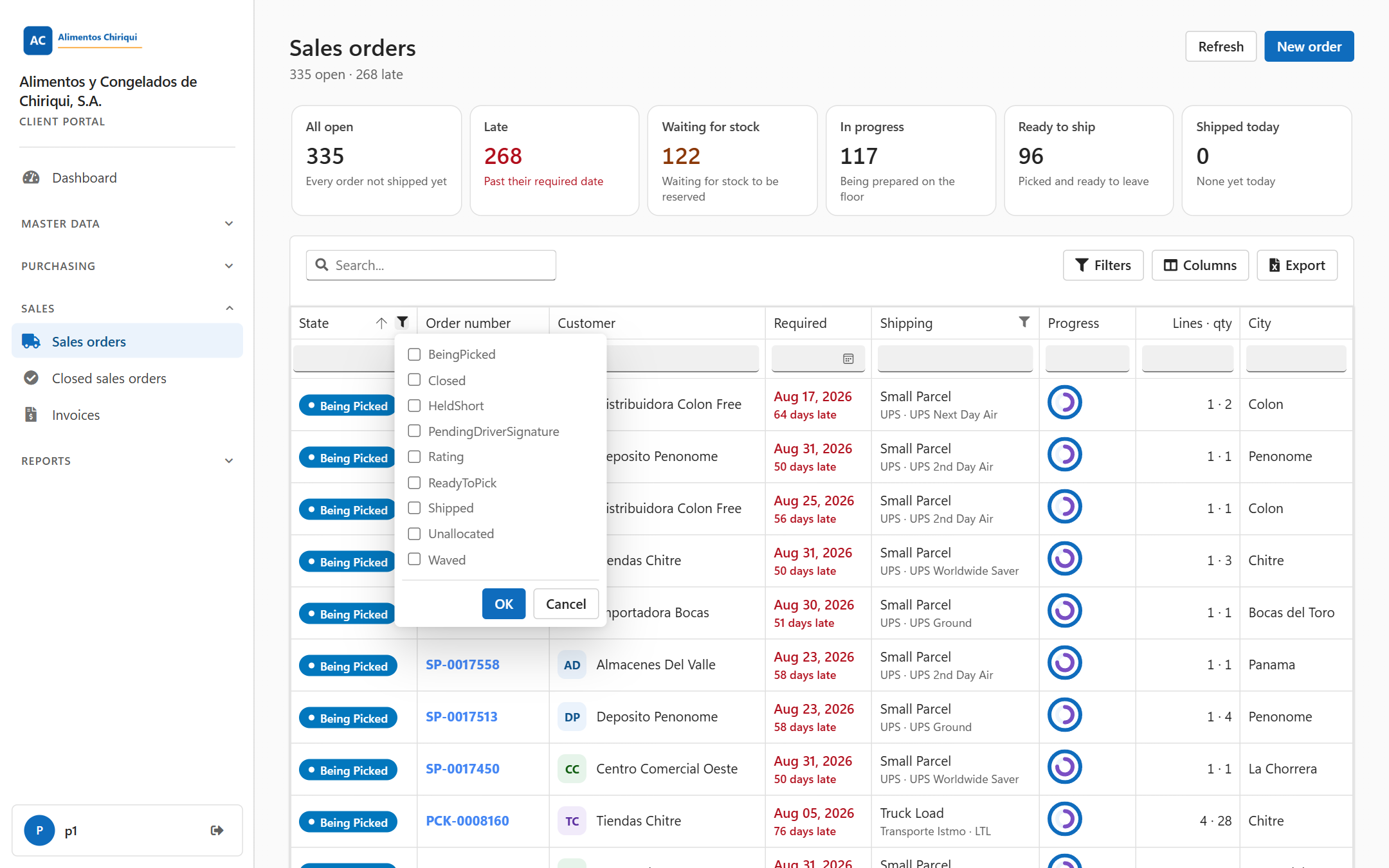 The State filter of the Sales orders list, showing the states with tick boxes