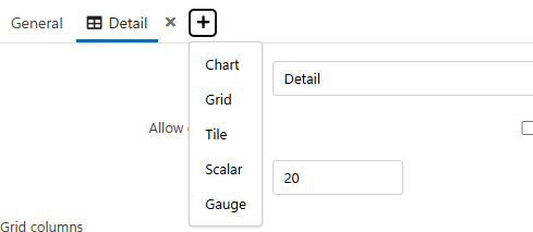 The add-presentation list open, offering Chart, Grid, Tile, Scalar and Gauge