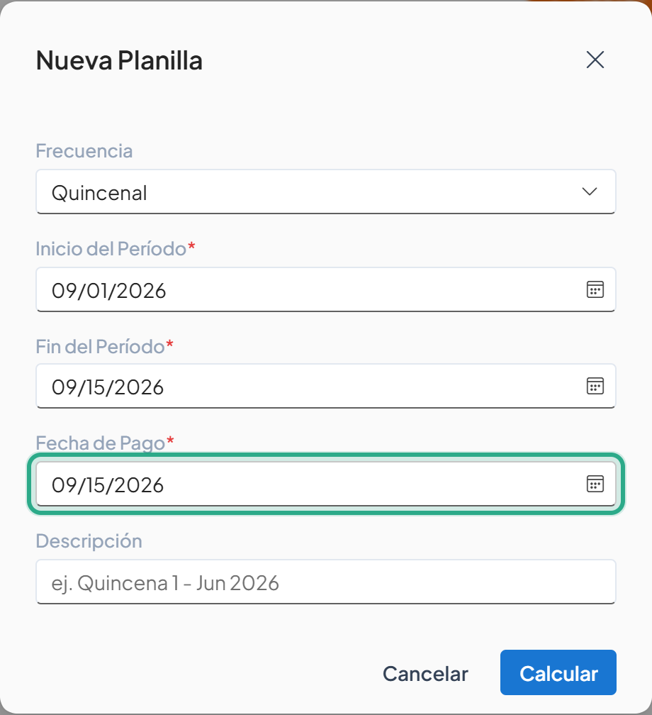 Campo Fecha de Pago resaltado con la fecha 09/15/2026