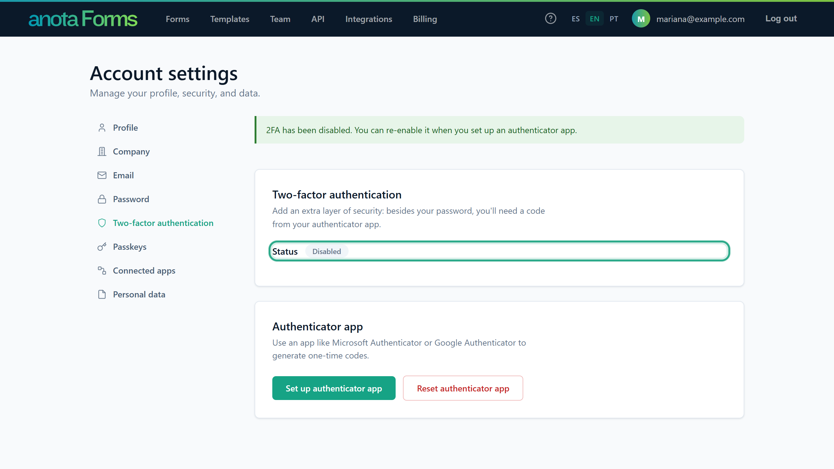 The message 2FA has been disabled. You can re-enable it when you set up an authenticator app. and Status Disabled outlined