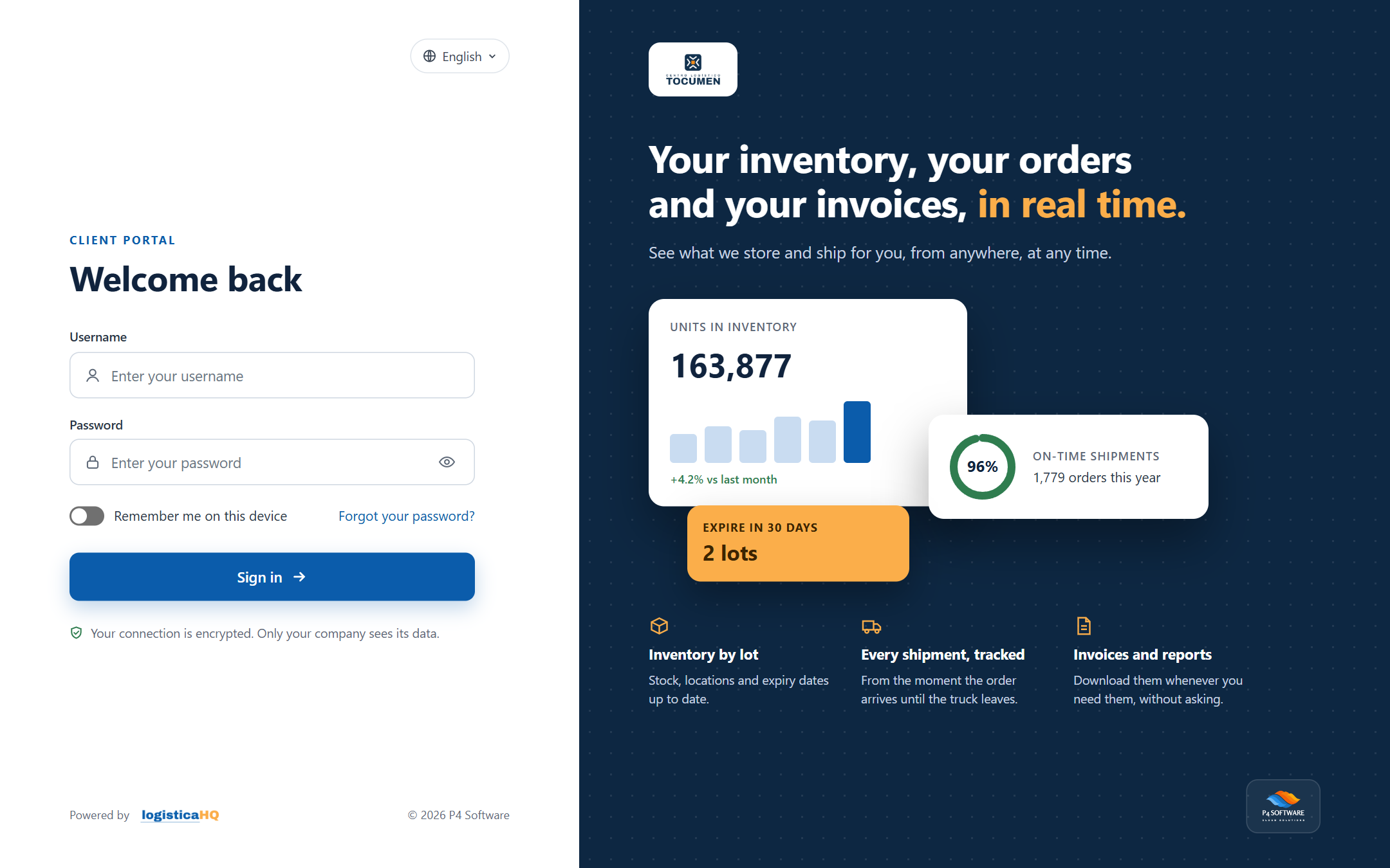 The sign-in page with the form on the left and the warehouse logo on the right