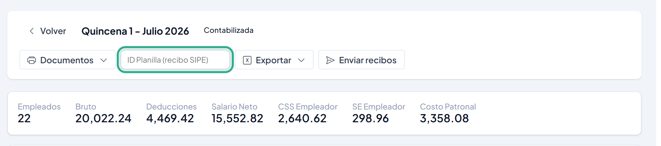 Encabezado del detalle de la planilla con el campo vacío ID Planilla (recibo SIPE) resaltado