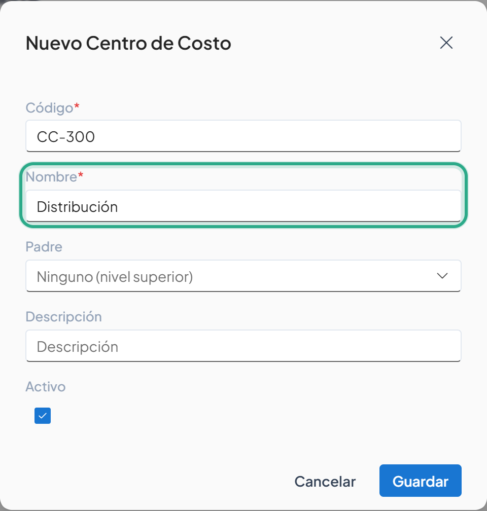 Campo Nombre resaltado con el texto Distribución