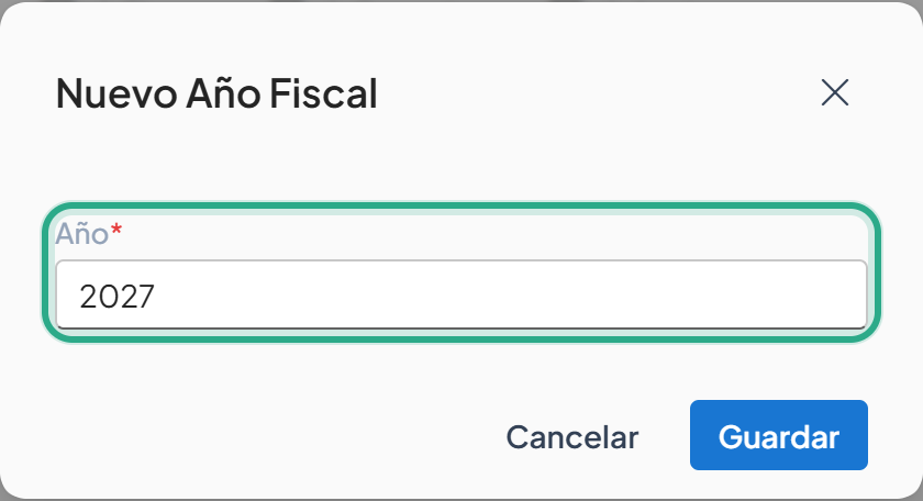 Cuadro Nuevo Año Fiscal con el campo Año 2027 resaltado