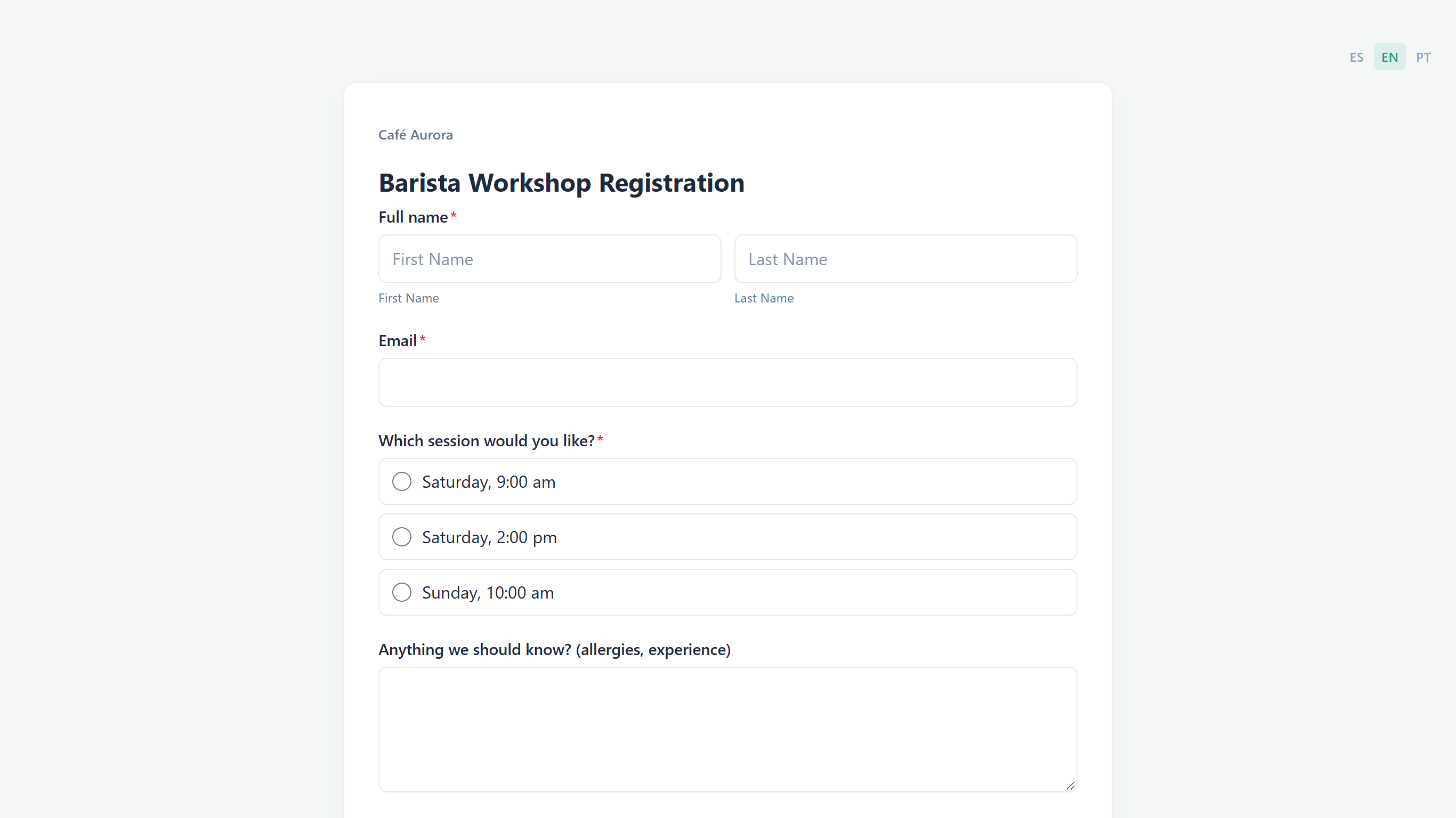 The public Barista Workshop Registration form: Café Aurora, the title, and the Full name, Email, session and notes fields on one page