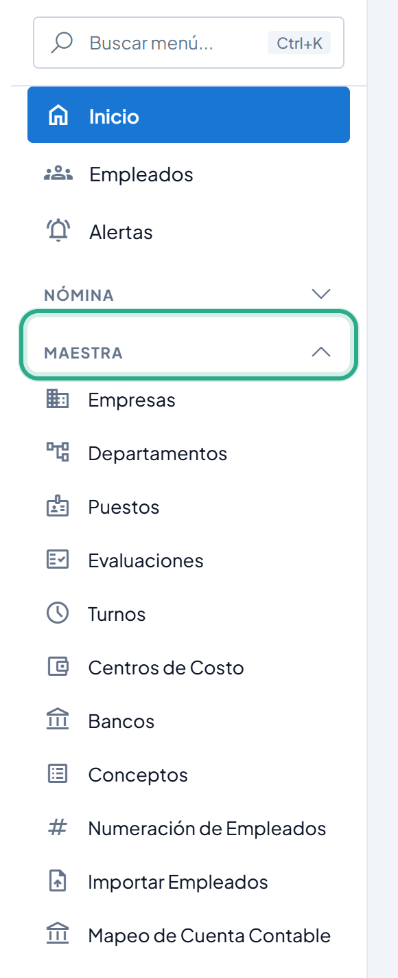 Menú lateral con la sección Maestra resaltada y abierta