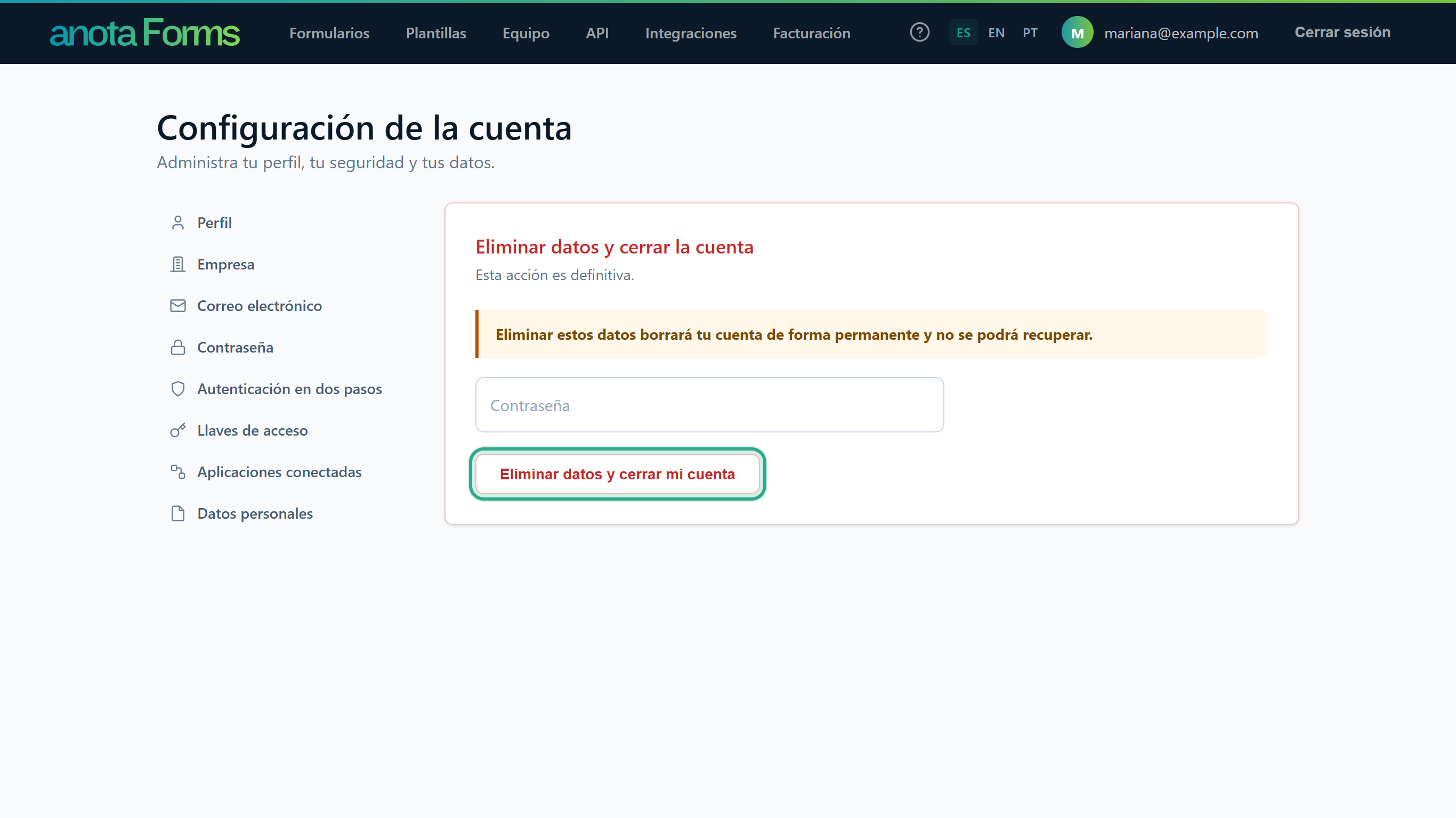 La tarjeta Eliminar datos y cerrar la cuenta, Esta acción es definitiva, con la advertencia, el cuadro Contraseña y el botón Eliminar datos y cerrar mi cuenta resaltado