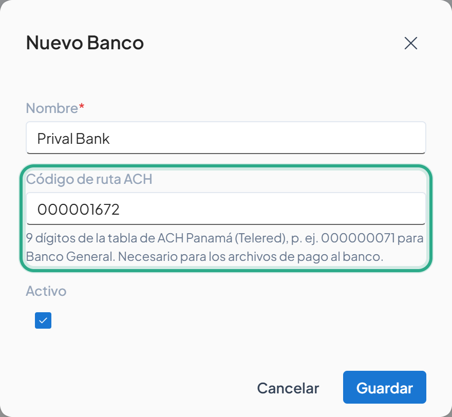 Campo Código de ruta ACH resaltado con el valor 000001672 y su ayuda