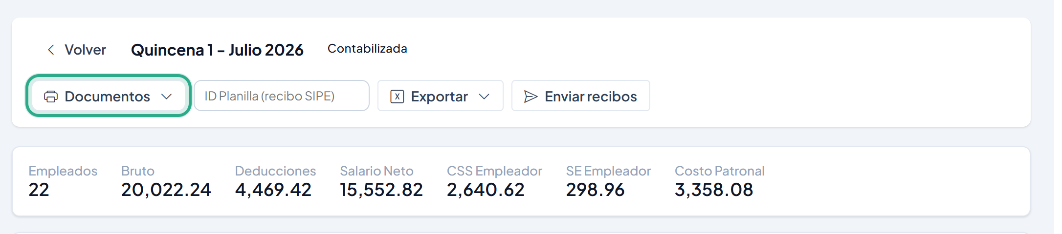 Encabezado de la planilla Quincena 1 - Julio 2026 con el botón Documentos resaltado
