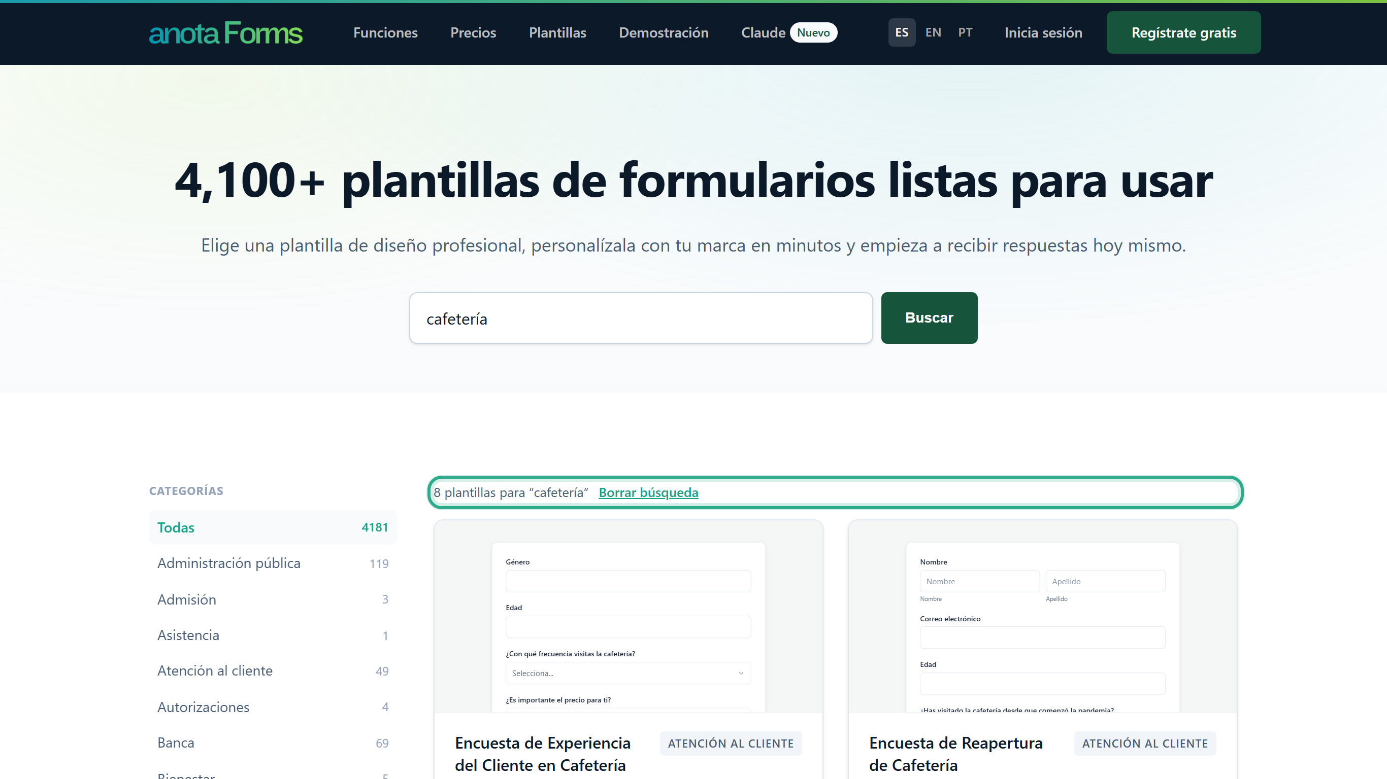 La galería pública después de buscar cafetería, con la línea 8 plantillas para cafetería y el enlace Borrar búsqueda resaltados, y la lista Categorías a la izquierda