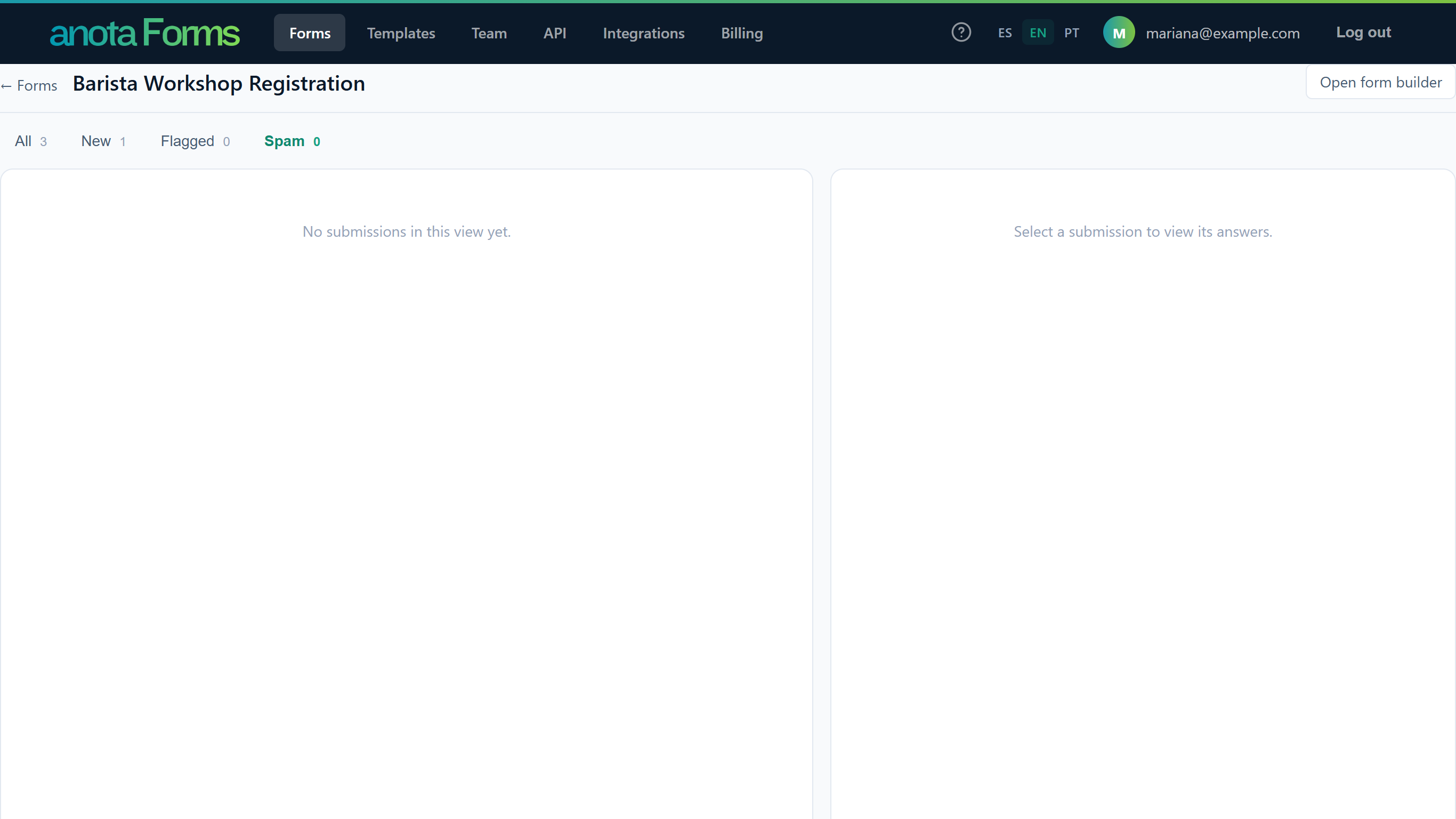 The Spam tab after the delete: All 3, New 1, Flagged 0, Spam 0, No submissions in this view yet, and the empty detail panel