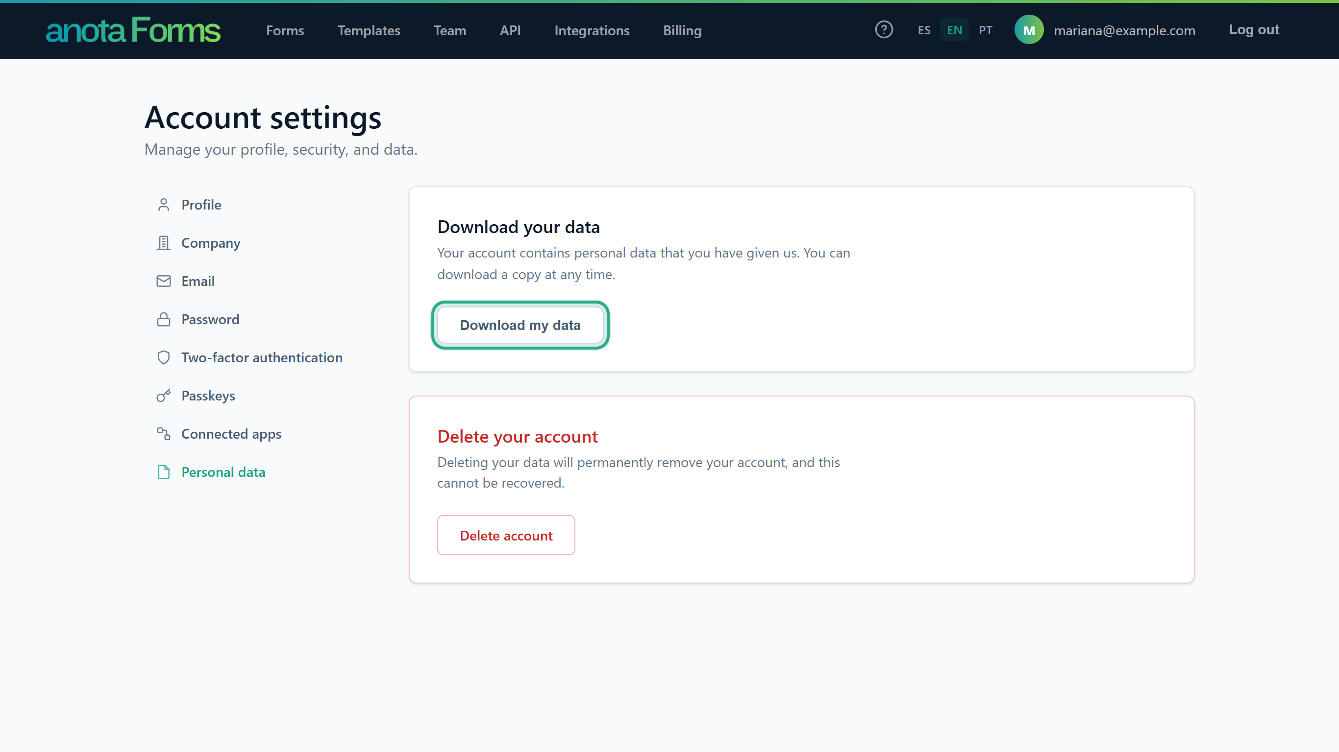 The Personal data section with the Download your data card and its Download my data button outlined, and the Delete your account card below