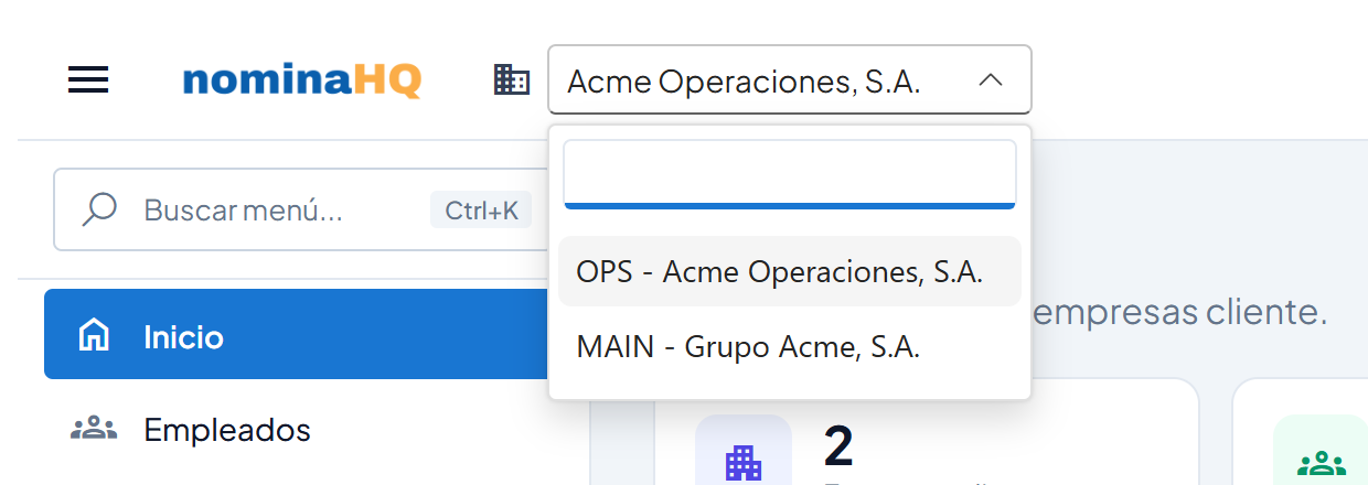 Selector de empresa de la barra superior abierto con la lista de empresas cliente
