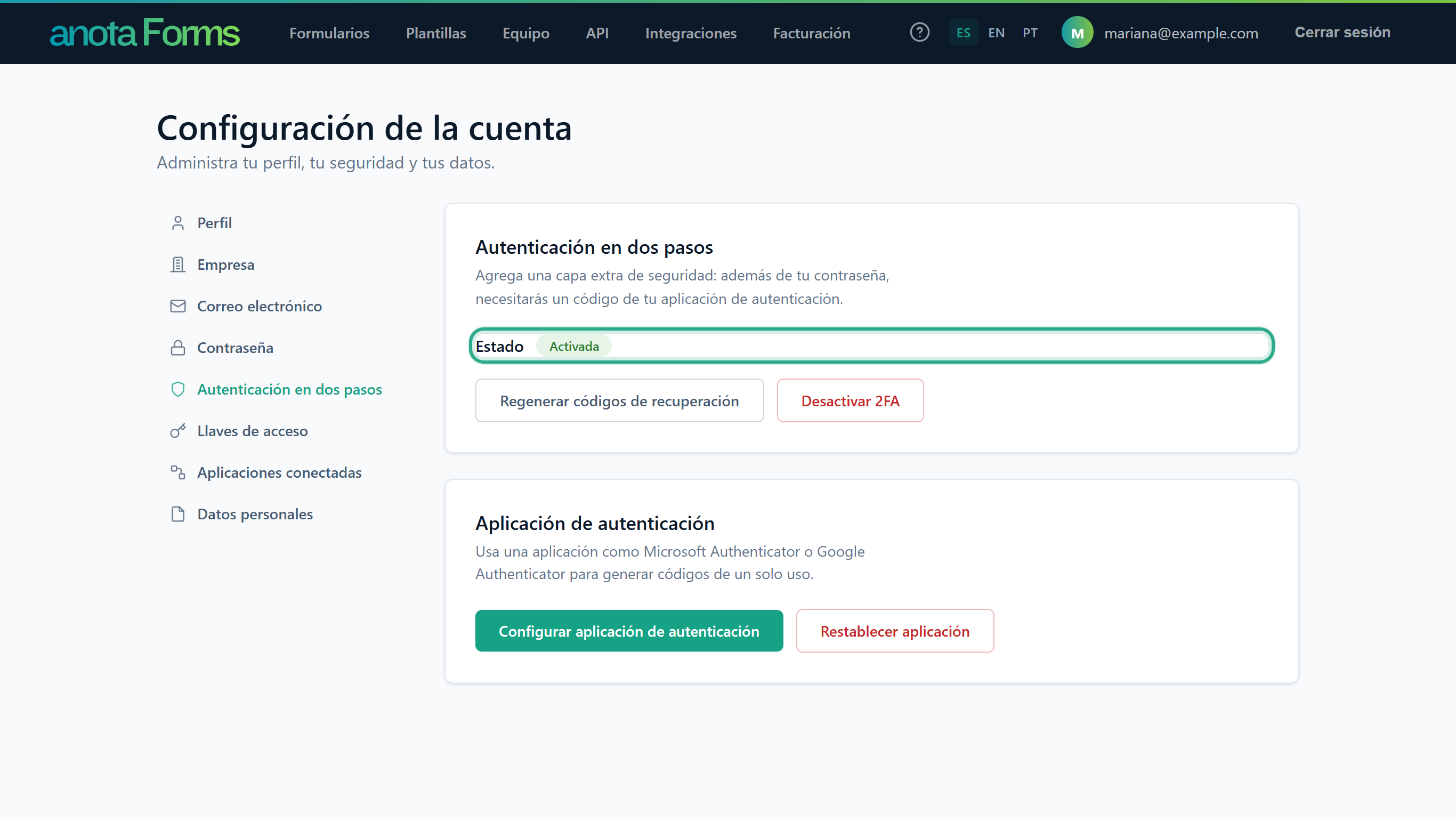 La sección Autenticación en dos pasos con Estado Activada resaltado, los botones Regenerar códigos de recuperación y Desactivar 2FA, y la tarjeta Aplicación de autenticación