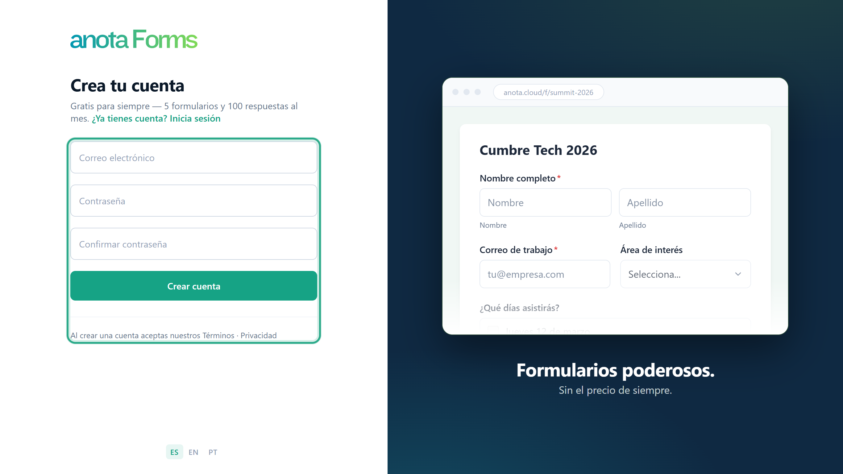 La página Crea tu cuenta con los campos Correo electrónico, Contraseña y Confirmar contraseña resaltados