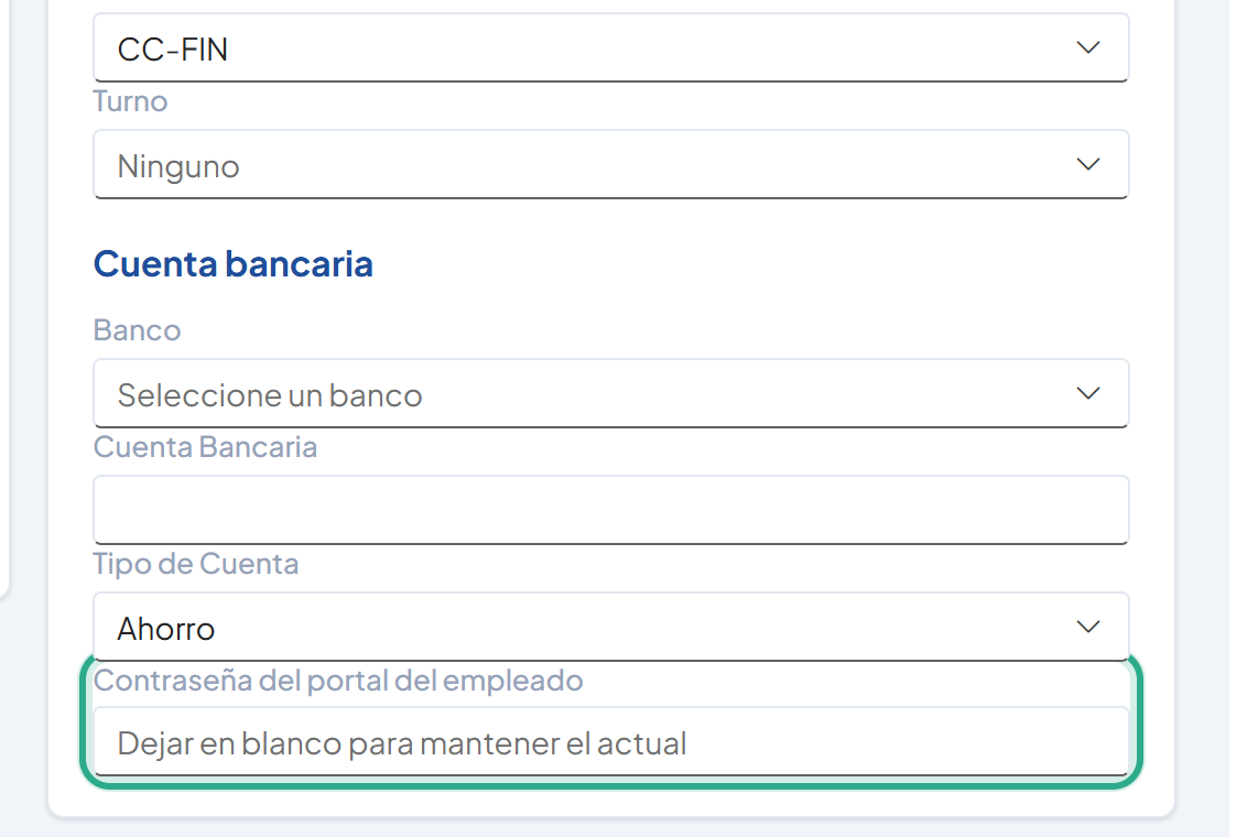 Campo Contraseña del portal del empleado resaltado en la tarjeta Cuenta bancaria de la ficha
