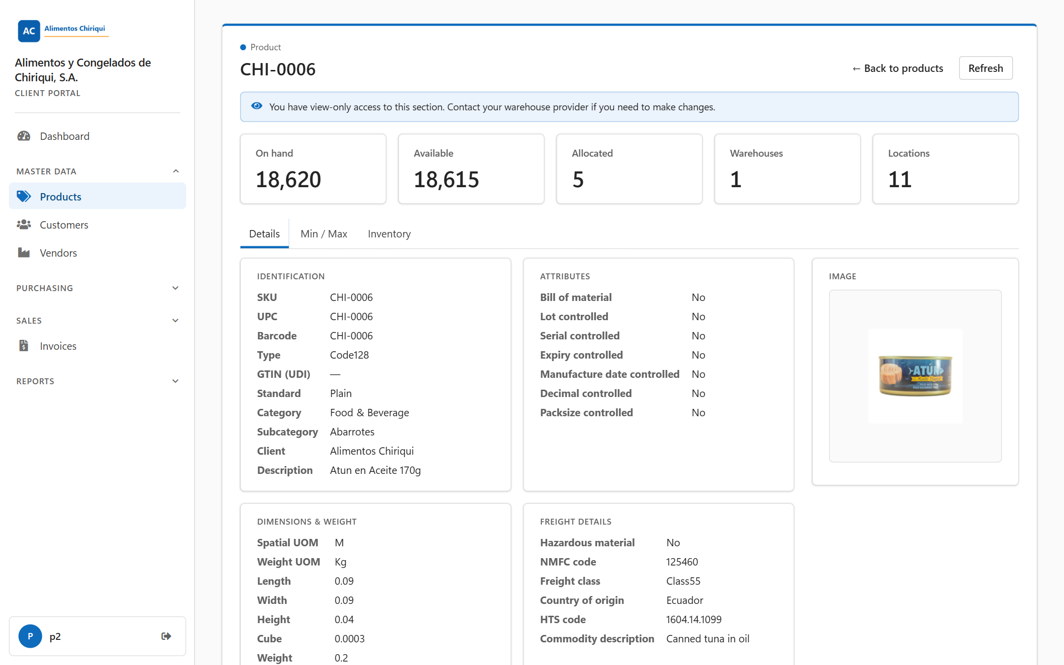 A product page opened by a view-only user with the blue view-only note and read-only values