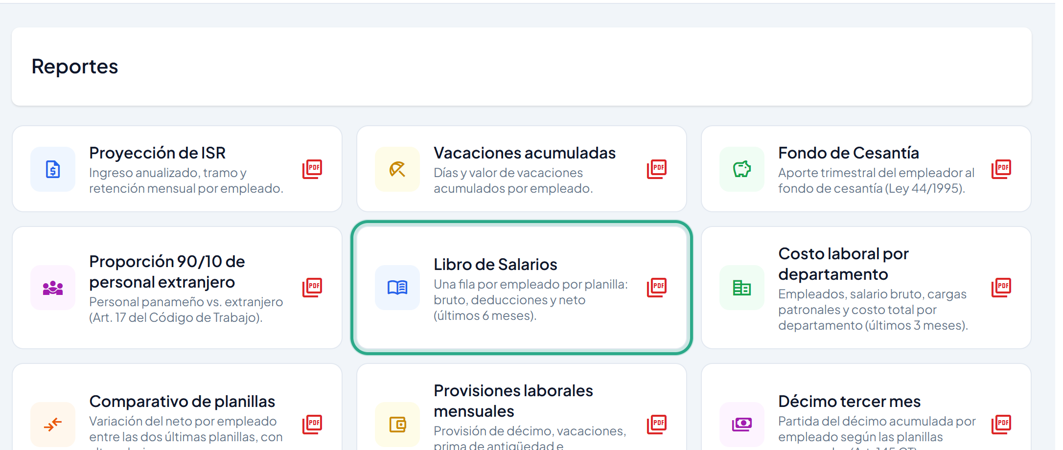 Tarjetas del centro de reportes con la tarjeta Libro de Salarios resaltada