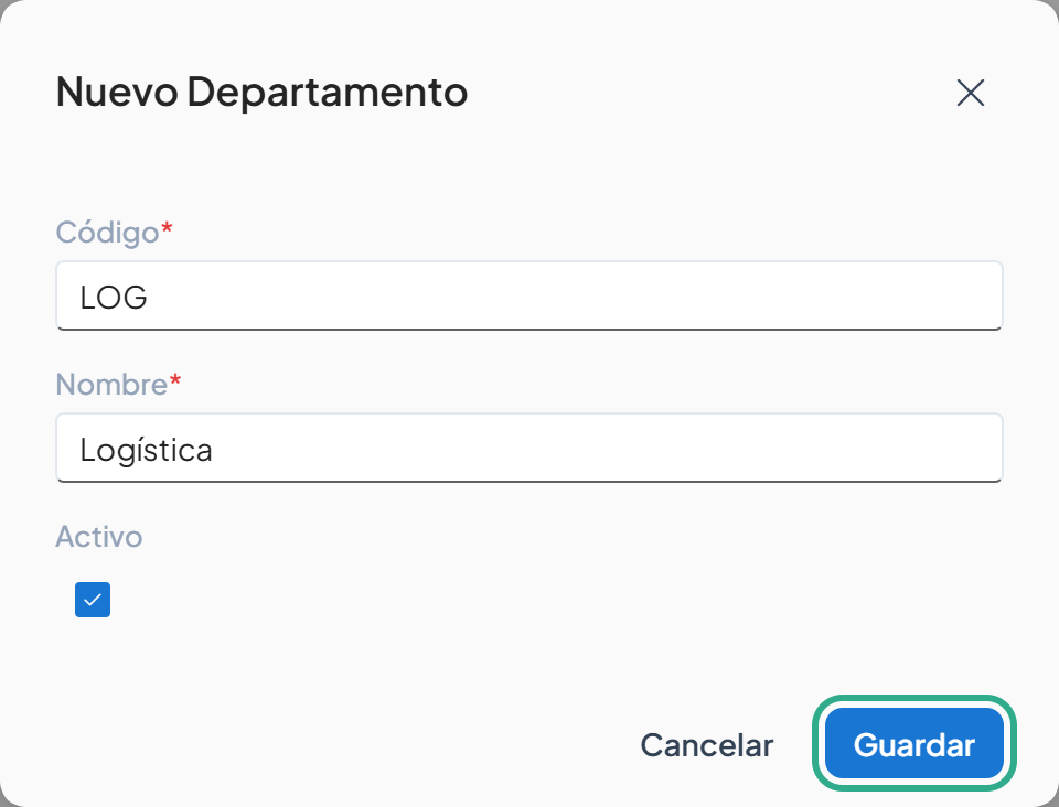Cuadro Nuevo Departamento completo con el botón Guardar resaltado