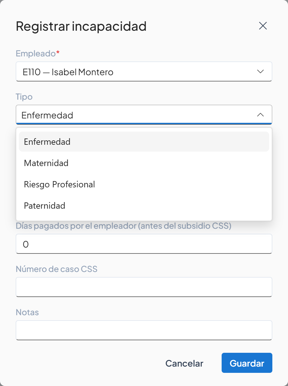 Lista Tipo abierta con las opciones Enfermedad, Maternidad, Riesgo Profesional y Paternidad