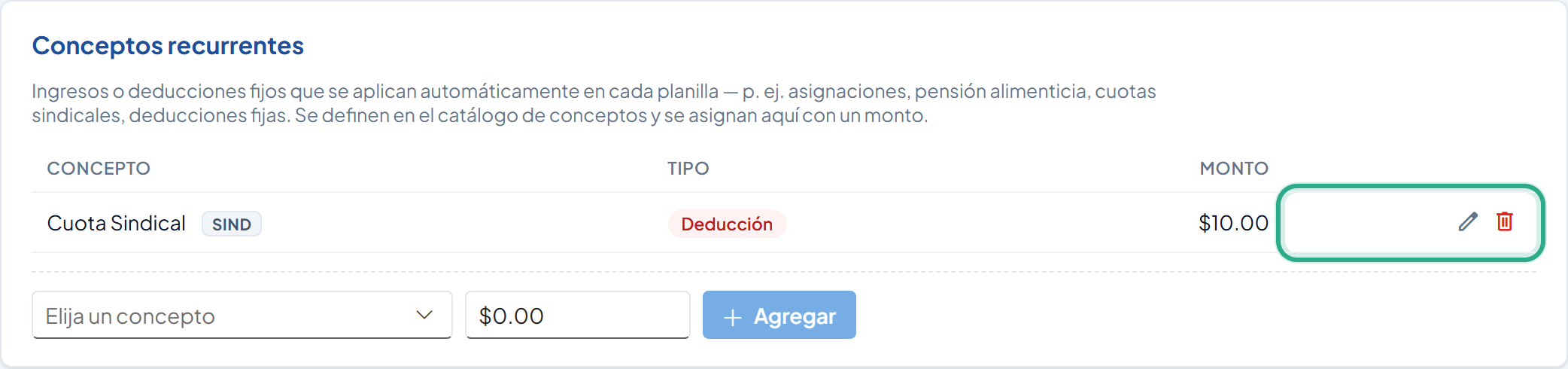 Iconos de lápiz y papelera de la fila Cuota Sindical resaltados